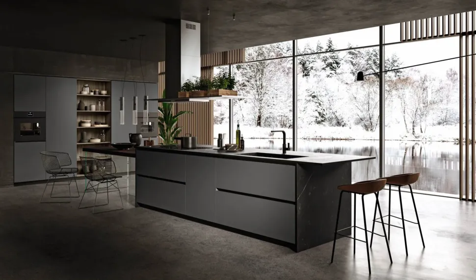 Cucina con isola in laminato opaco grigia Anta 1 a prezzo ribassato