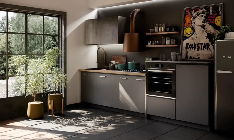 Cucina Cucina industrial con paino legno e ante effetto iron steel con colonne di Outlet etnico in Offerta Outlet -46%