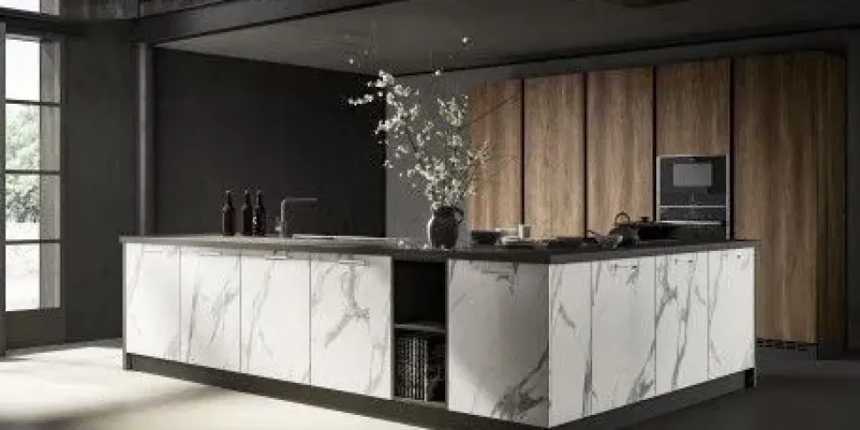 Cucina Essebi design con isola bianca in laminato materico Acc 1