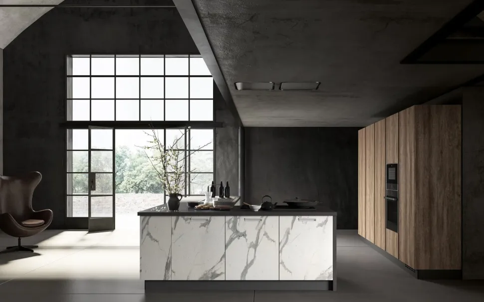 Cucina Essebi design con isola bianca in laminato materico Acc 1