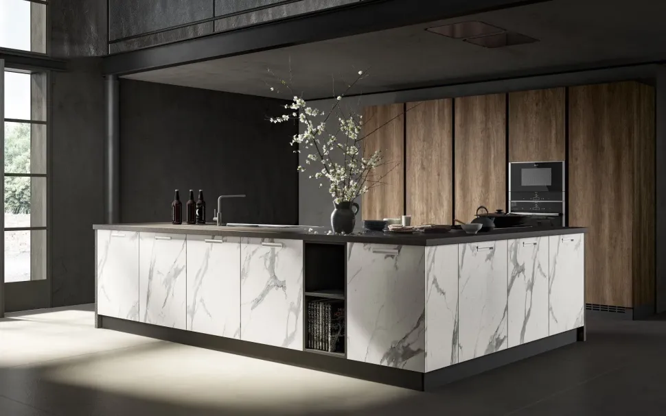 Cucina Essebi design con isola bianca in laminato materico Acc 1