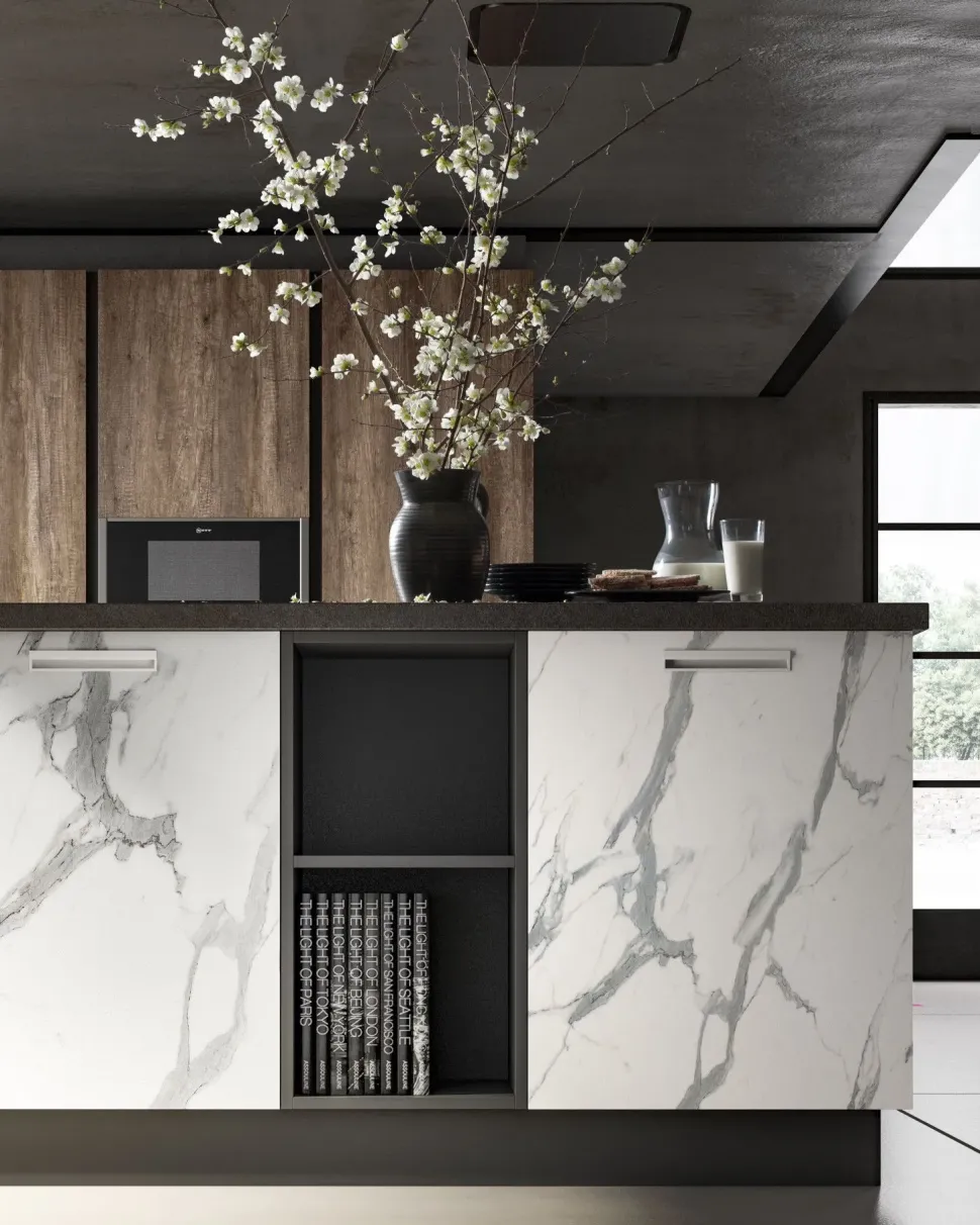 Cucina Essebi design con isola bianca in laminato materico Acc 1