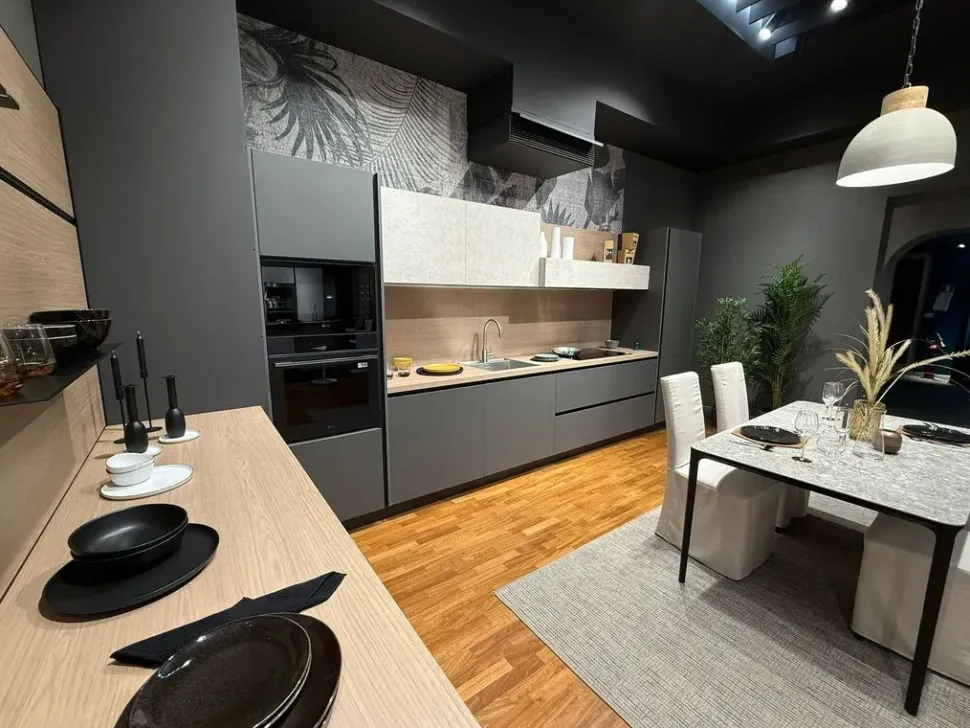 Cucina lineare in laminato materico grigia Young a prezzo scontato