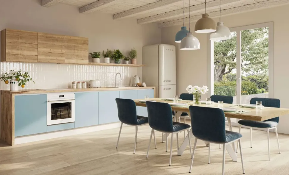 Cucina moderna nordic celeste, effetto legno, scontata 53%. Progettata da un interno.