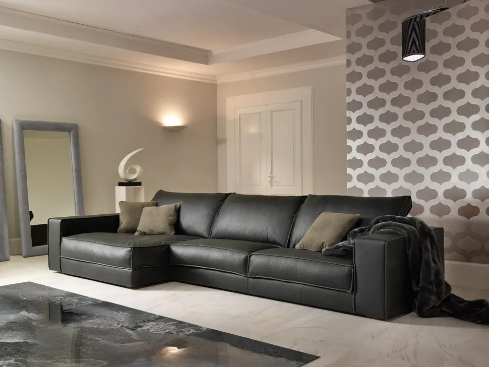 Divano con penisola pelle in misto piuma Md work a prezzo Outlet