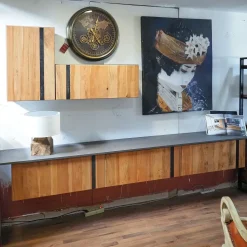 Parete attrezzata Soggiorno industrial legno vintage wave con basi sospese Outlet etnico in stile design a prezzo ribassato