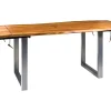 Tavolo industr. in legno e metallo, prolunghe estraibili. Outlet etnico, prezzo ribassato.